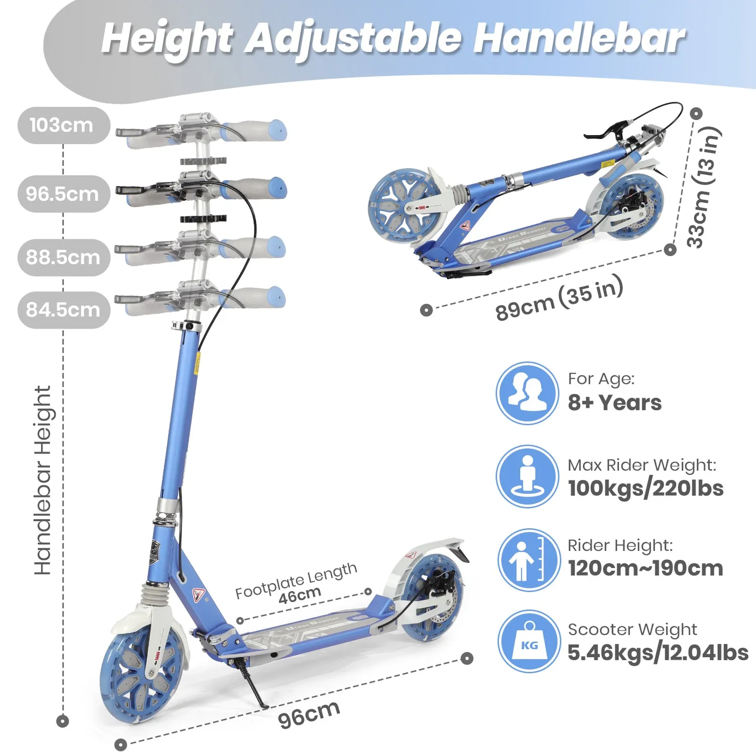 H.yeed sparkcykel blå 200 mm LED-hjul skivbroms