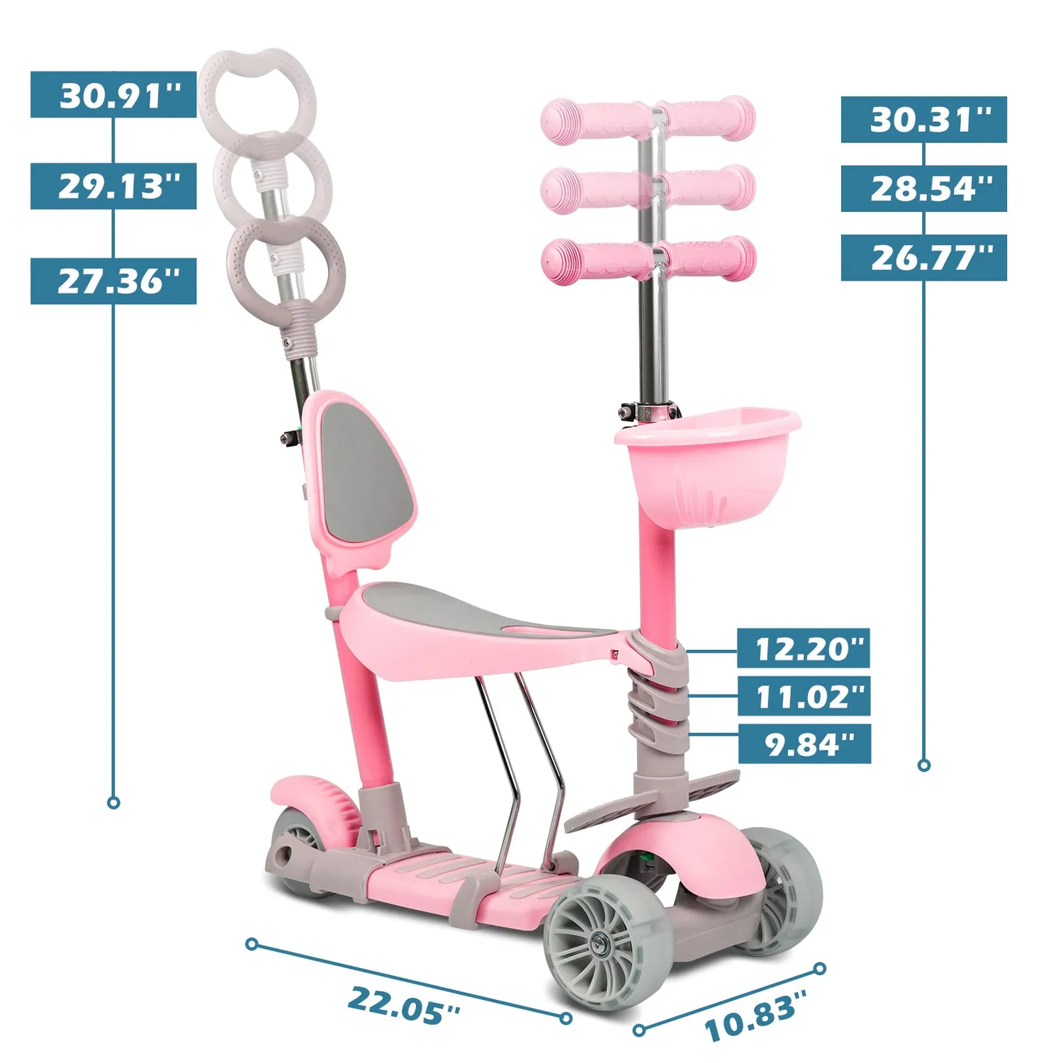 H.yeed 5-i-1 sparkcykel rosa 3-hjul LED blinkhjul