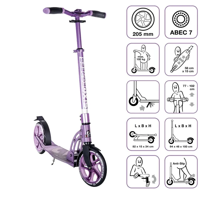 SIX DEGREES Aluminium Scooter 205 mm sparkcykel lila testvinnare