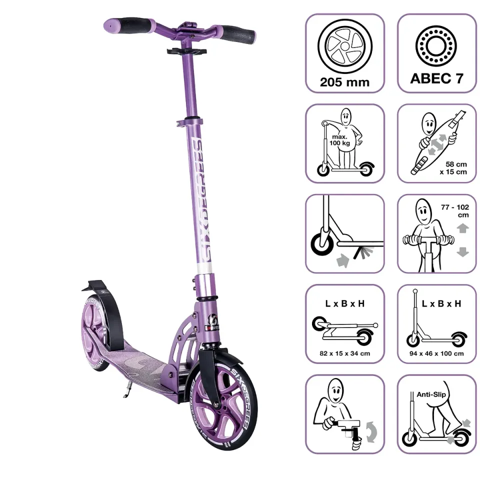SIX DEGREES Aluminium Scooter 205 mm sparkcykel lila testvinnare