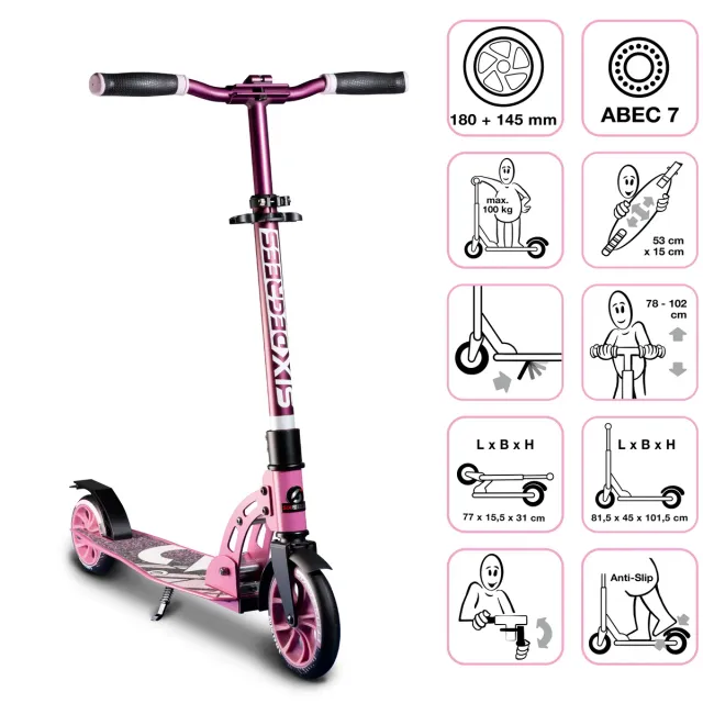 SIX DEGREES Aluminium Scooter Junior 180/145 mm sparkcykel rosa barn