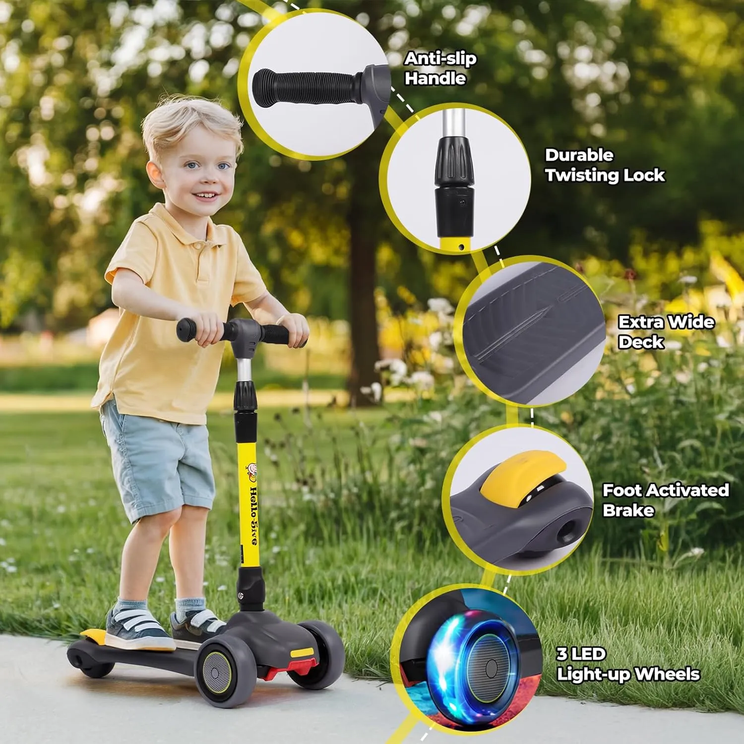 H.yeed 3-hjulig barnscooter LED gul-svart lutstyrning
