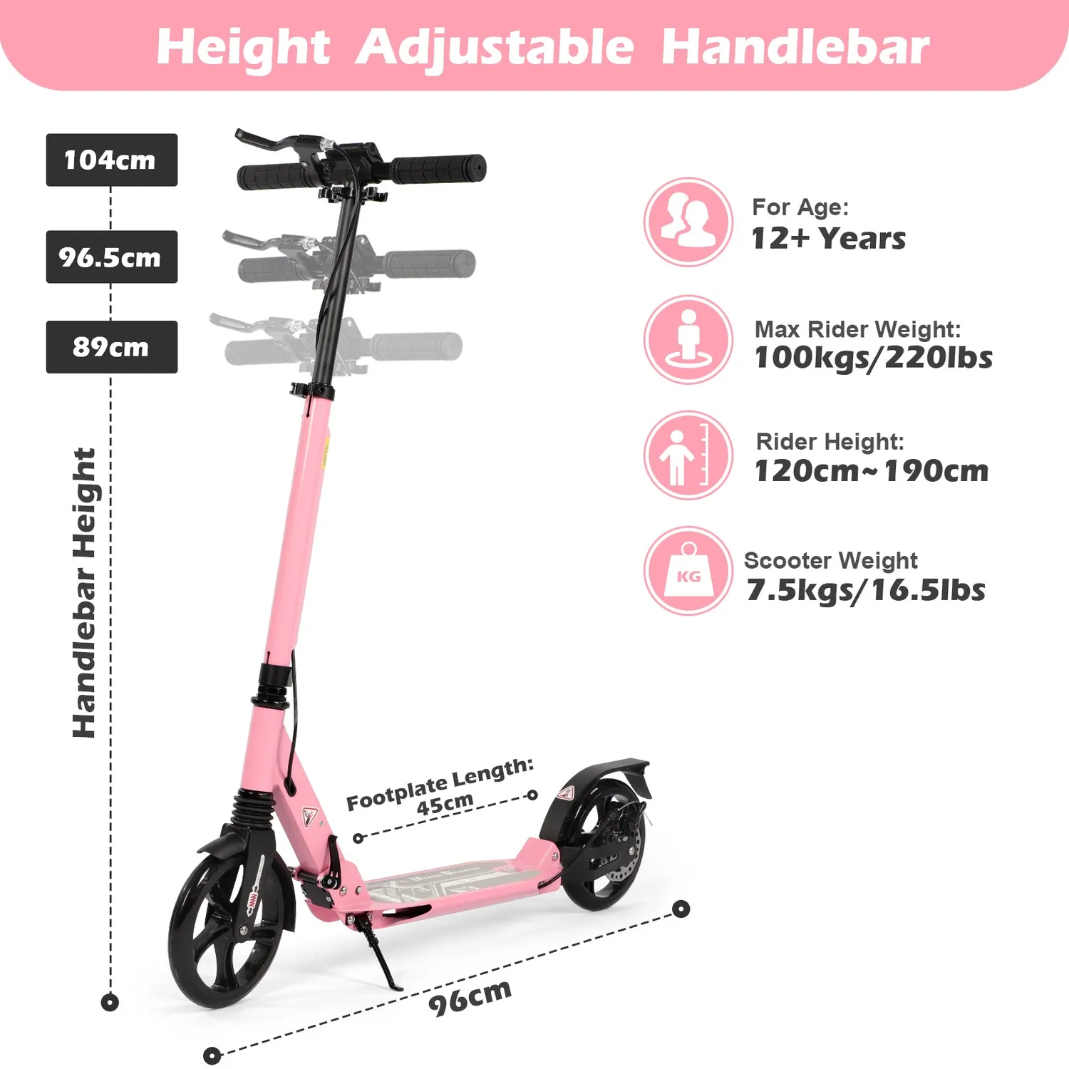 H.yeed Kick sparkcykel 200mm rosa skivbroms