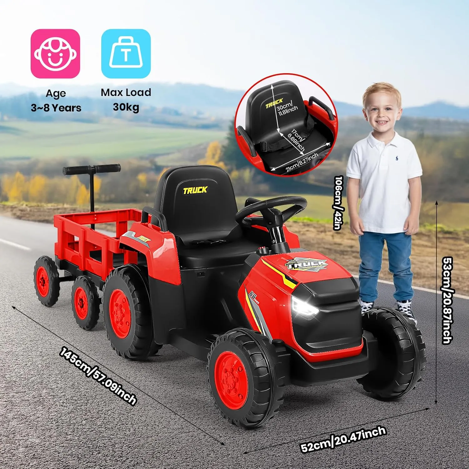 H.yeed åktraktor 12V röd med släp färrkontroll