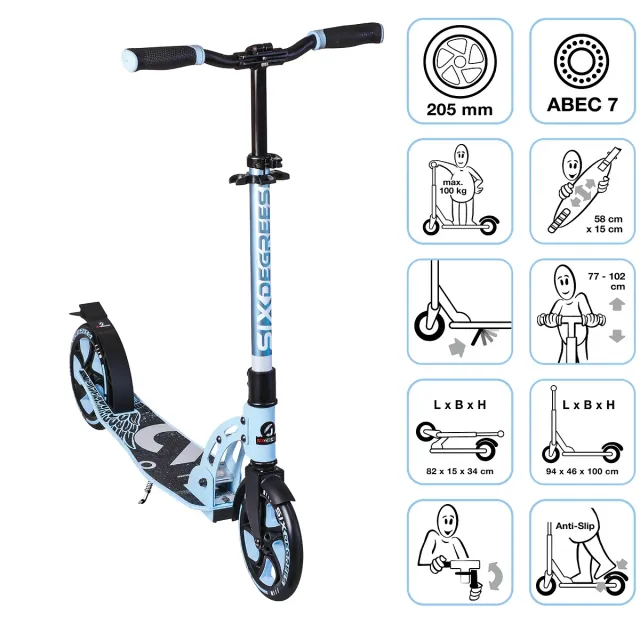 SIX DEGREES Aluminium Scooter 205 mm sparkcykel pastellblå hopfällbar