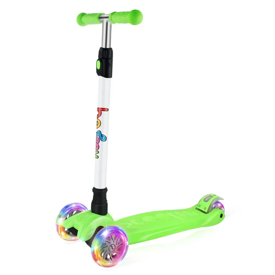Beleev 3-hjulig sparkcykel barn grön LED-hjul