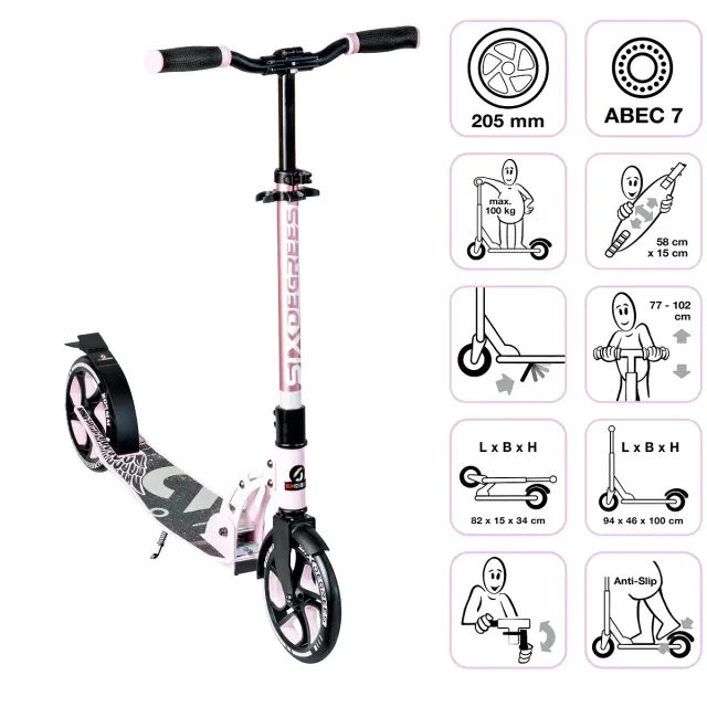 SIX DEGREES Aluminium Scooter 205 mm sparkcykel pastellrosa hopfällbar