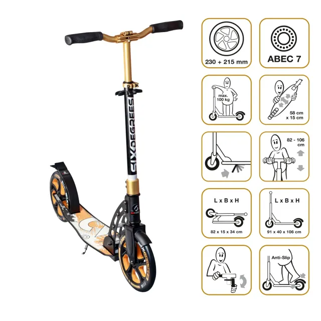 SIX DEGREES Aluminium Scooter 230 mm sparkcykel guld hopfällbar