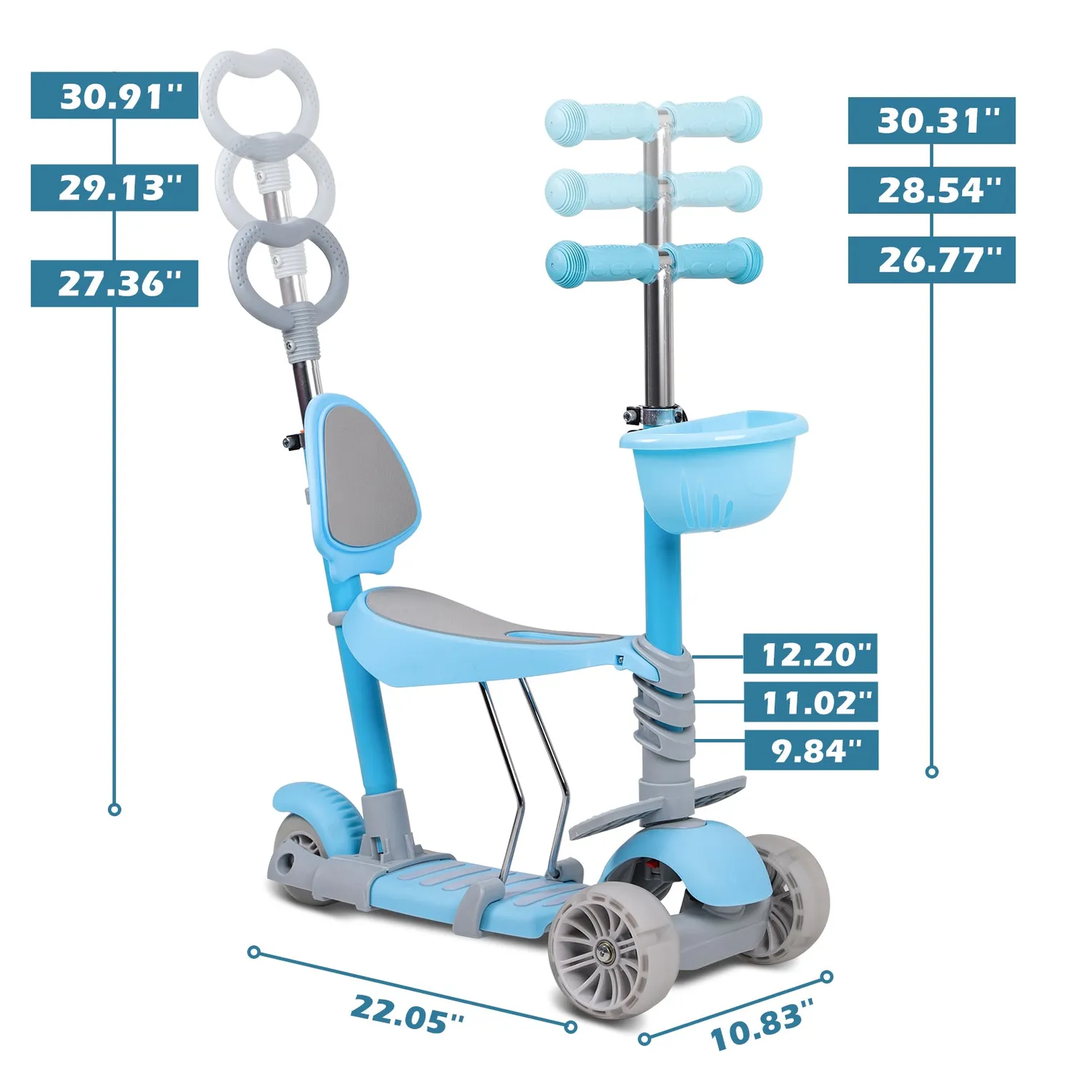 Hyeed 5-i-1 barnsparkcykel bla med LED-hjul