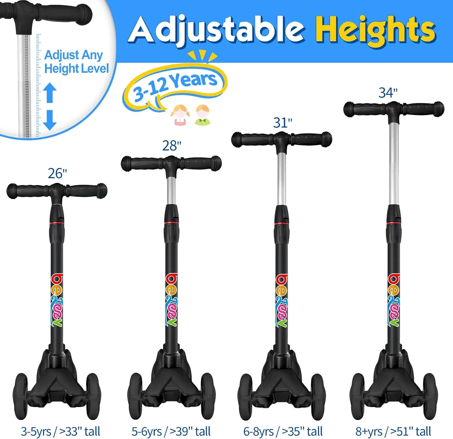 Beleev 3-hjulig sparkcykel svart LED-hjul barn