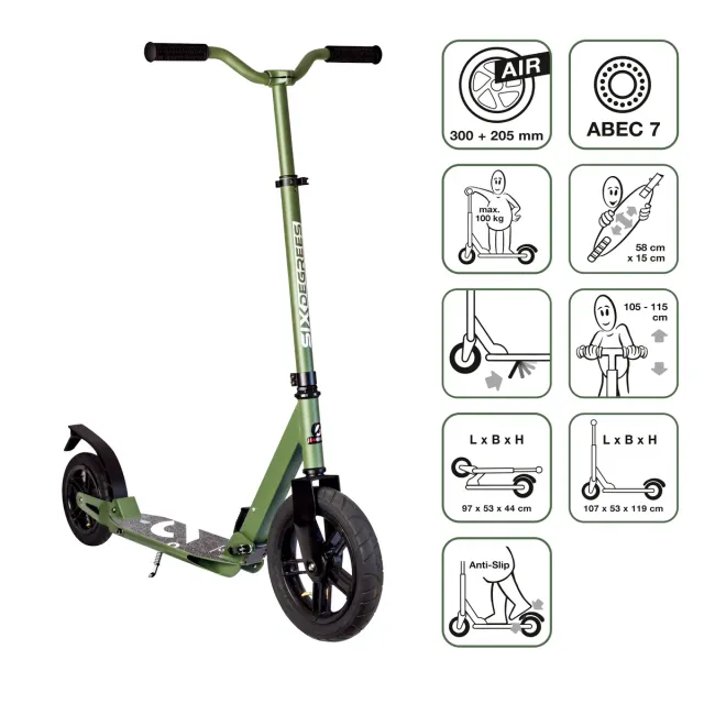 SIX DEGREES Aluminium Scooter All Terrain 300/205 mm sparkcykel olivgrön