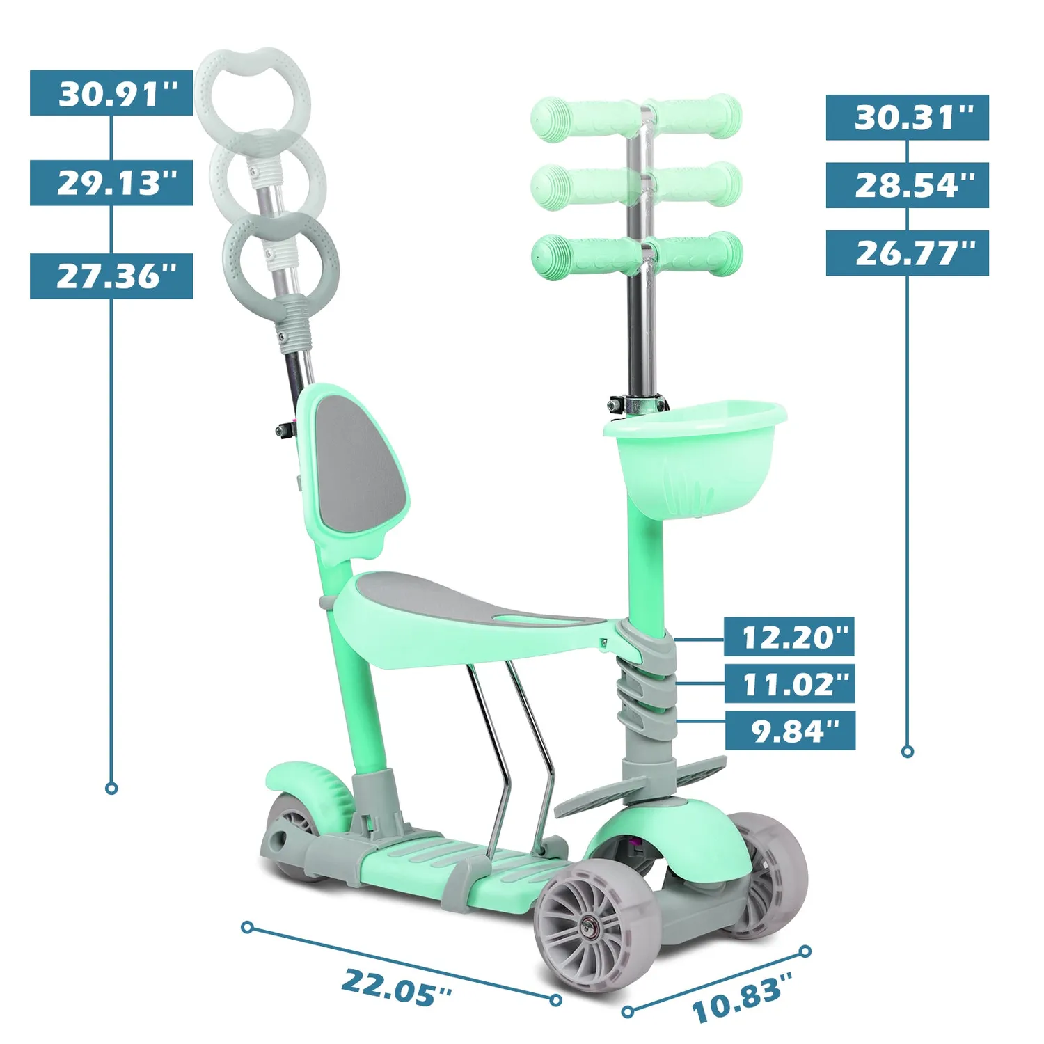 H.yeed 5-i-1 trehjulig sparkcykel grön LED sadel