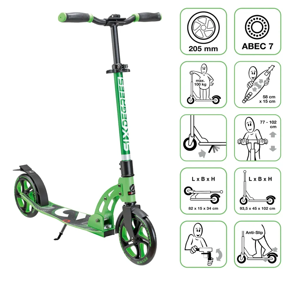 SIX DEGREES Aluminium Scooter 205 mm sparkcykel ljusgrön hopfällbar