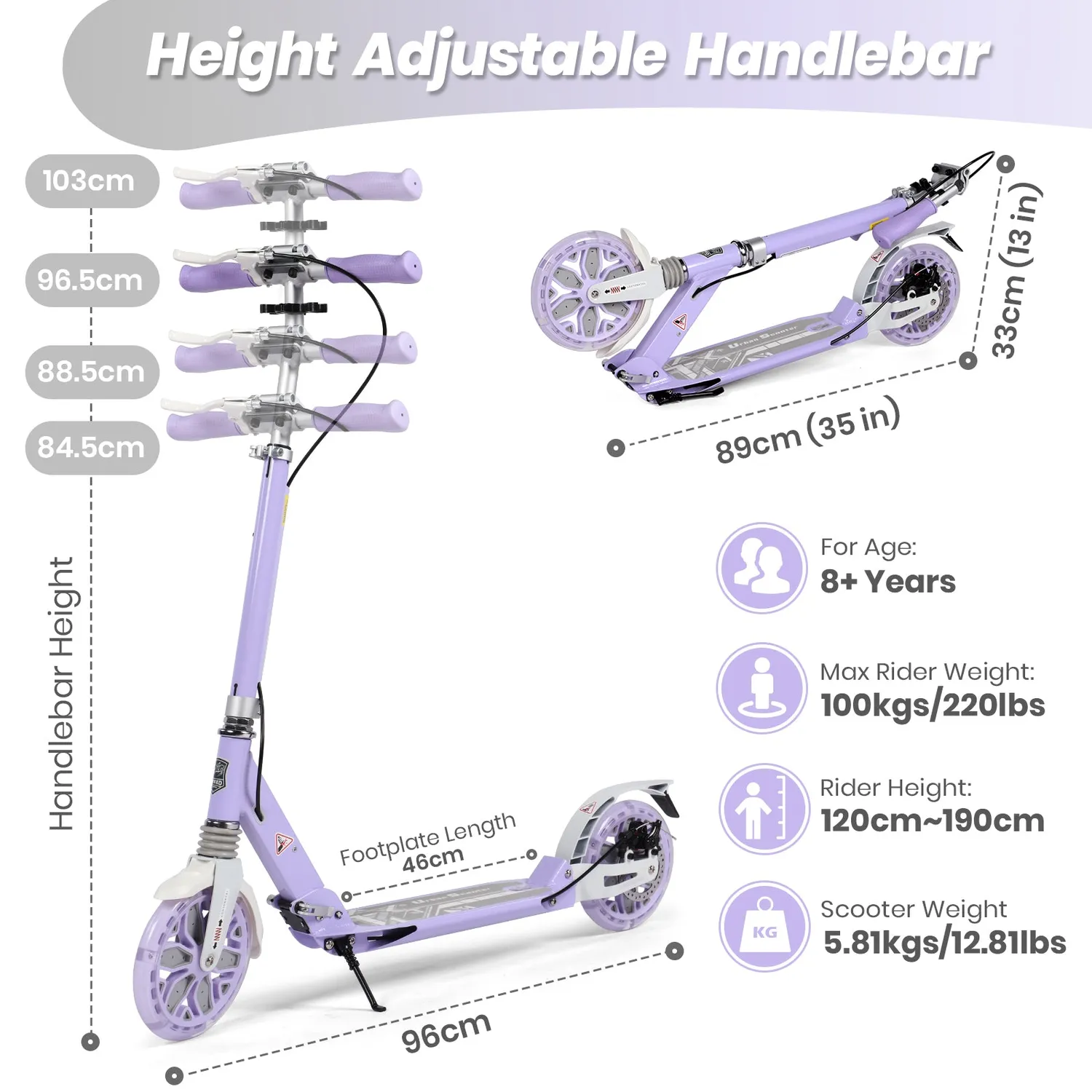 Hyeed Light Up sparkcykel lila med skivbroms