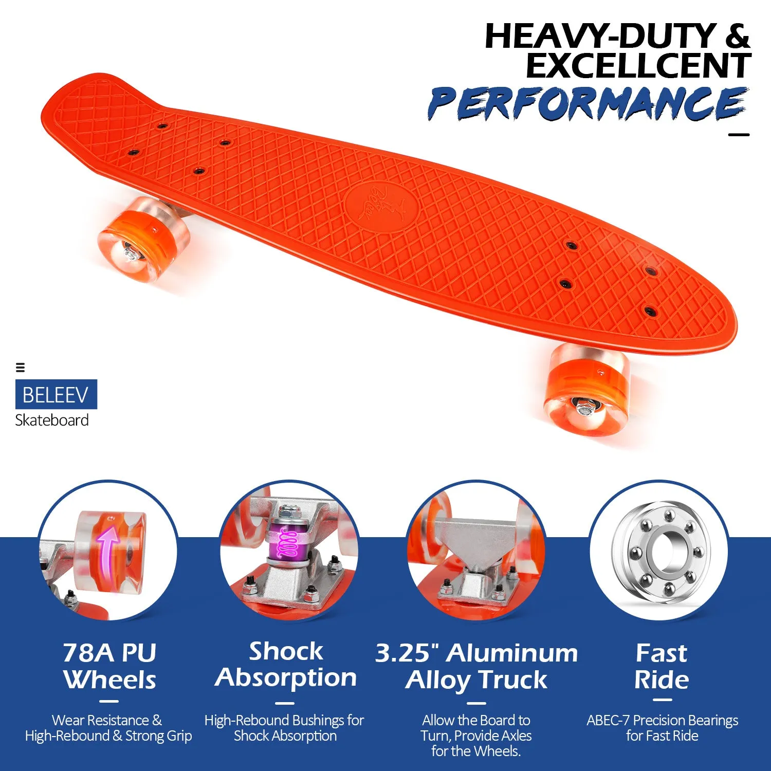 BELEEV minicruiser 22 skateboard orange LED 56 cm
