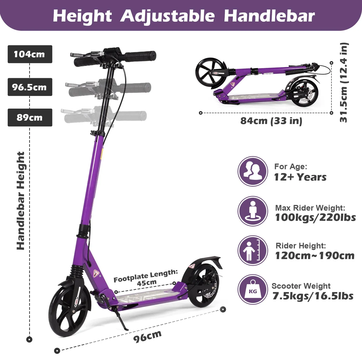 H.yeed Kick sparkcykel 200mm lila skivbroms