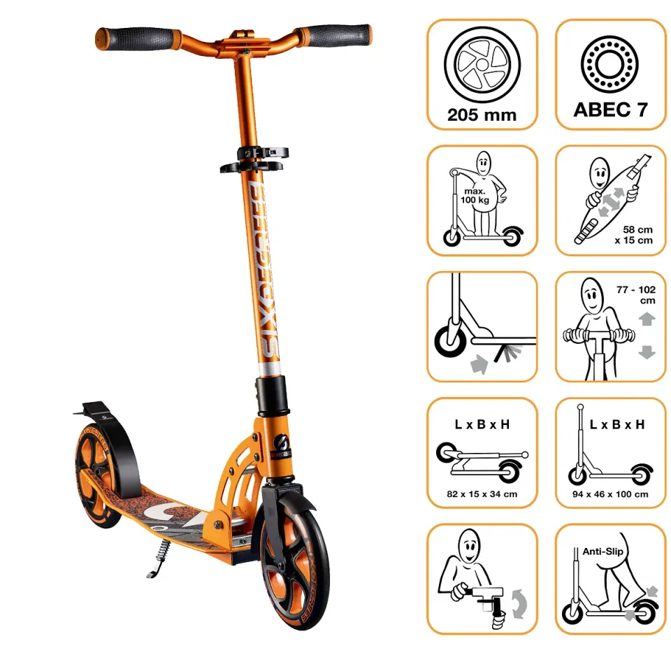 SIX DEGREES Aluminium Scooter 205 mm sparkcykel orange hopfällbar