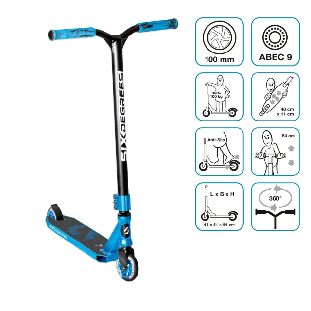 SIX DEGREES Stuntscooter 100 mm sparkcykel blå trick