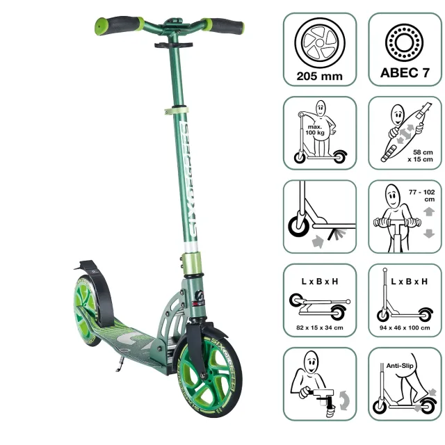 Six Degrees 205 mm sparkcykel grön ABEC 7 hopfällbar