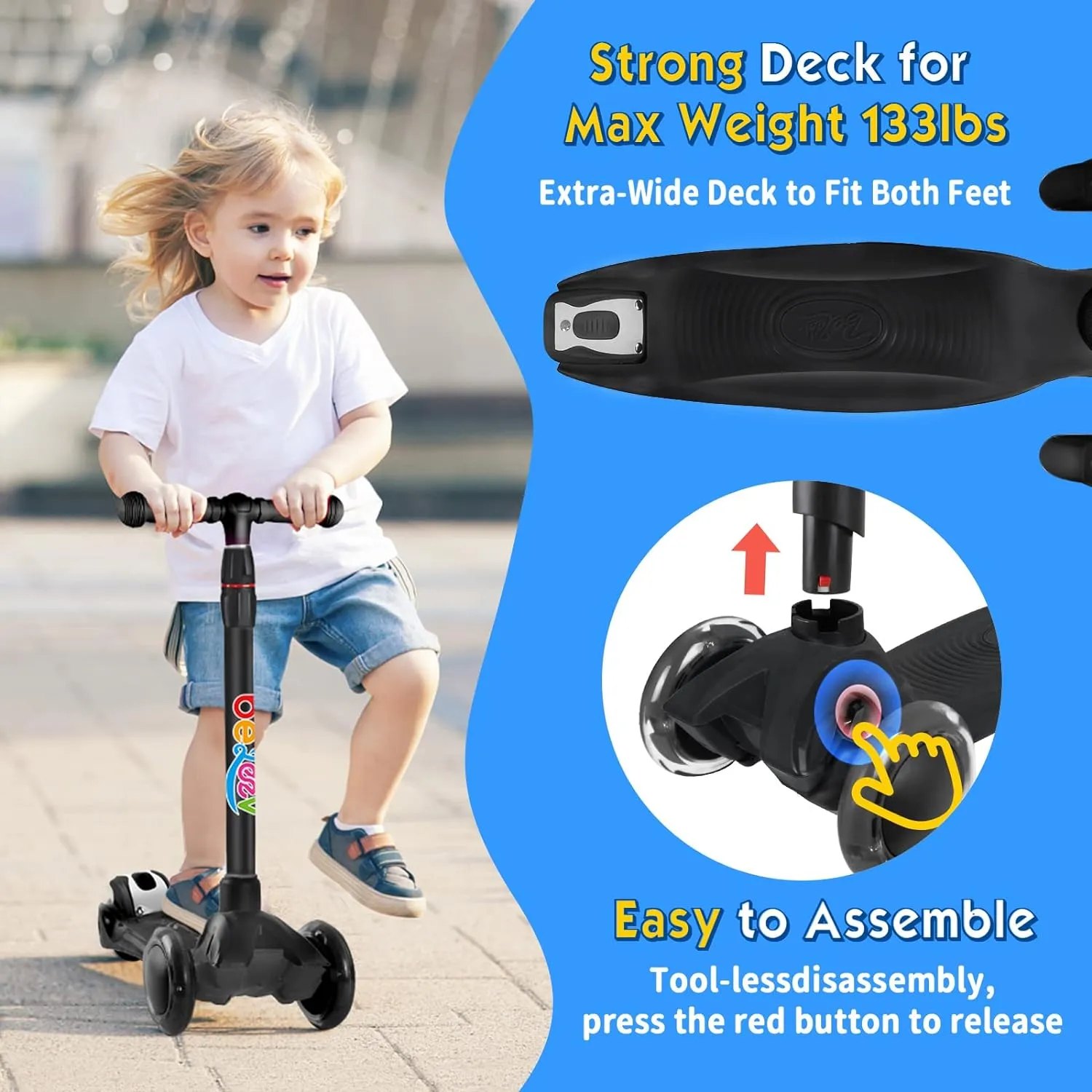 Beleev 3-hjulig sparkcykel svart LED-hjul barn